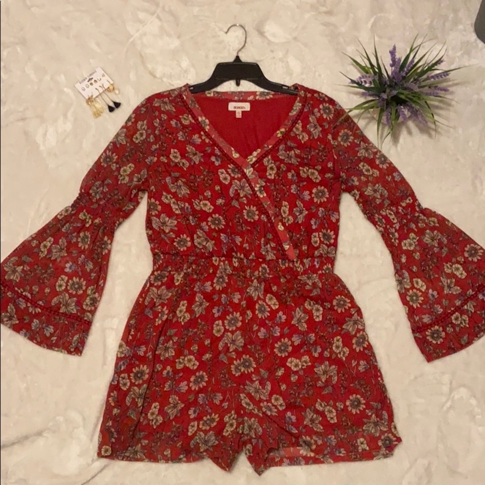 Red Floral Long-Sleeve Romper Size XL
